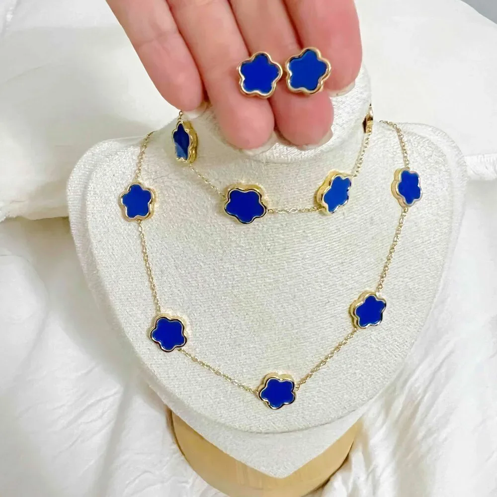 Gold Plated Blue Clover Necklace Flower Chain stainless steel womens jewelry
